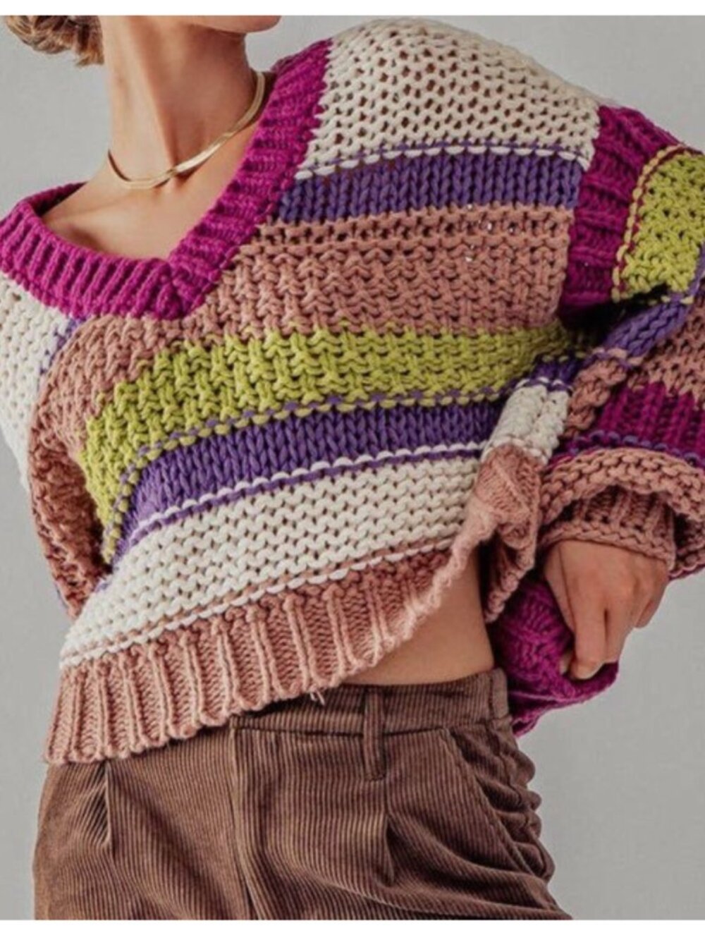 Apricot Lane Striped Multicolored Crop Chunky Sweater In Fuscia Size M/L NWT - Picture 3 of 12